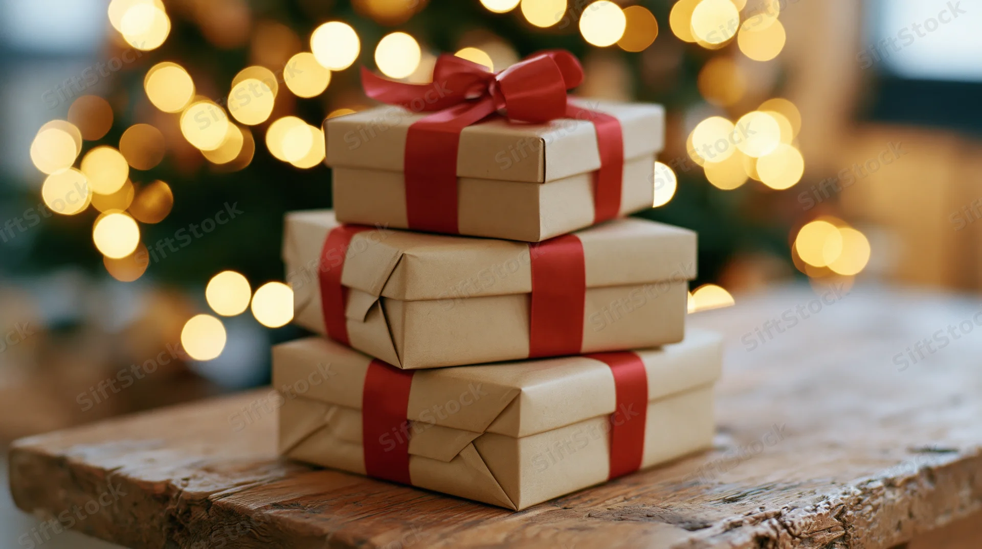 Three kraft paper gift boxes stacked on a worn wooden table with blurred holiday lights in the background