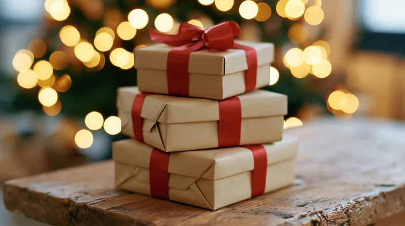 Three kraft paper gift boxes stacked on a worn wooden table with blurred holiday lights in the background