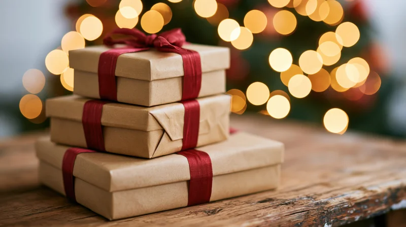 Three kraft paper gift boxes stacked on a worn wooden table with blurred holiday lights in the background