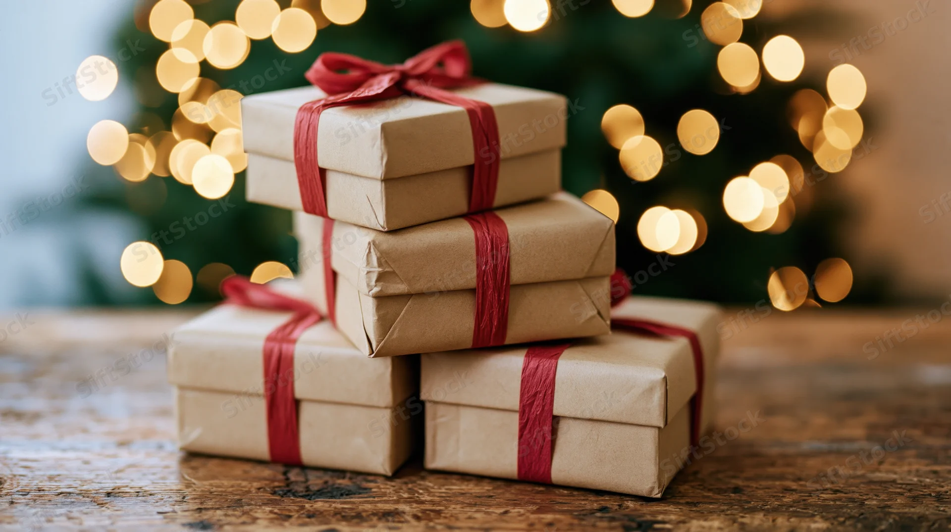 Stacked kraft paper gift boxes with red ribbons on a worn wooden table in front of blurred christmas lights