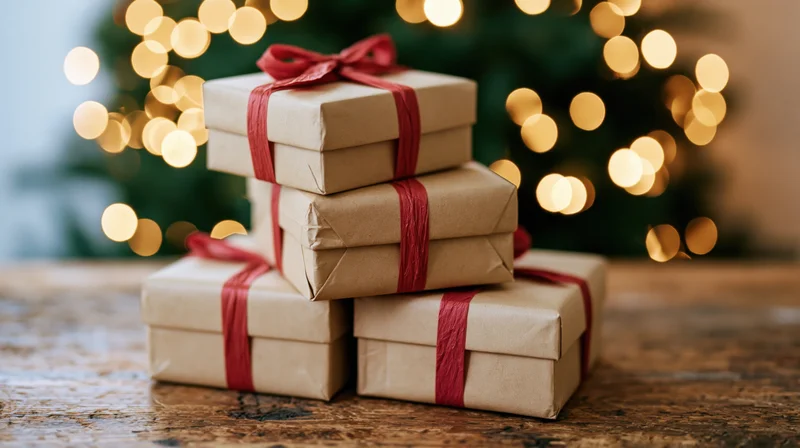 Stacked kraft paper gift boxes with red ribbons on a worn wooden table in front of blurred christmas lights