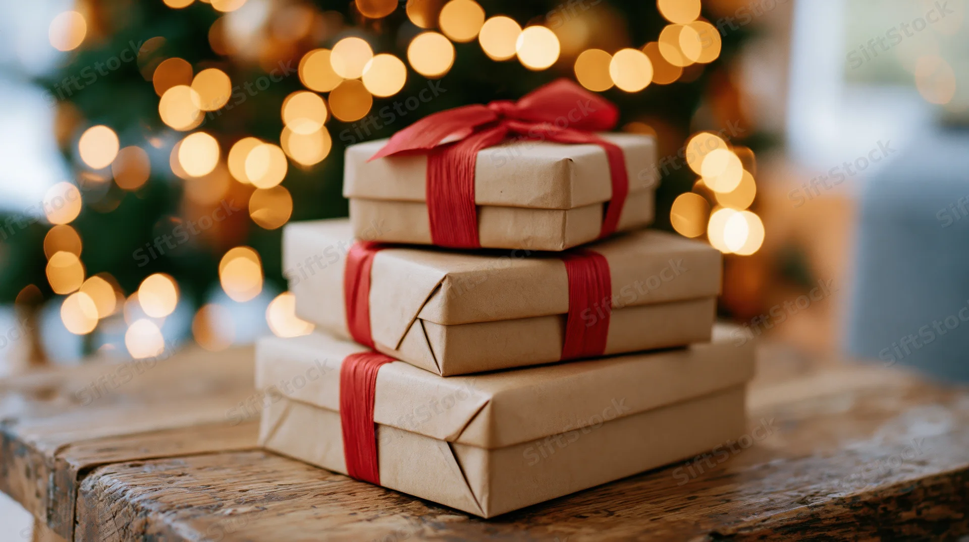 Three kraft paper gift boxes stacked on a worn wooden table with red ribbon and bow, in front of blurred christmas tree lights