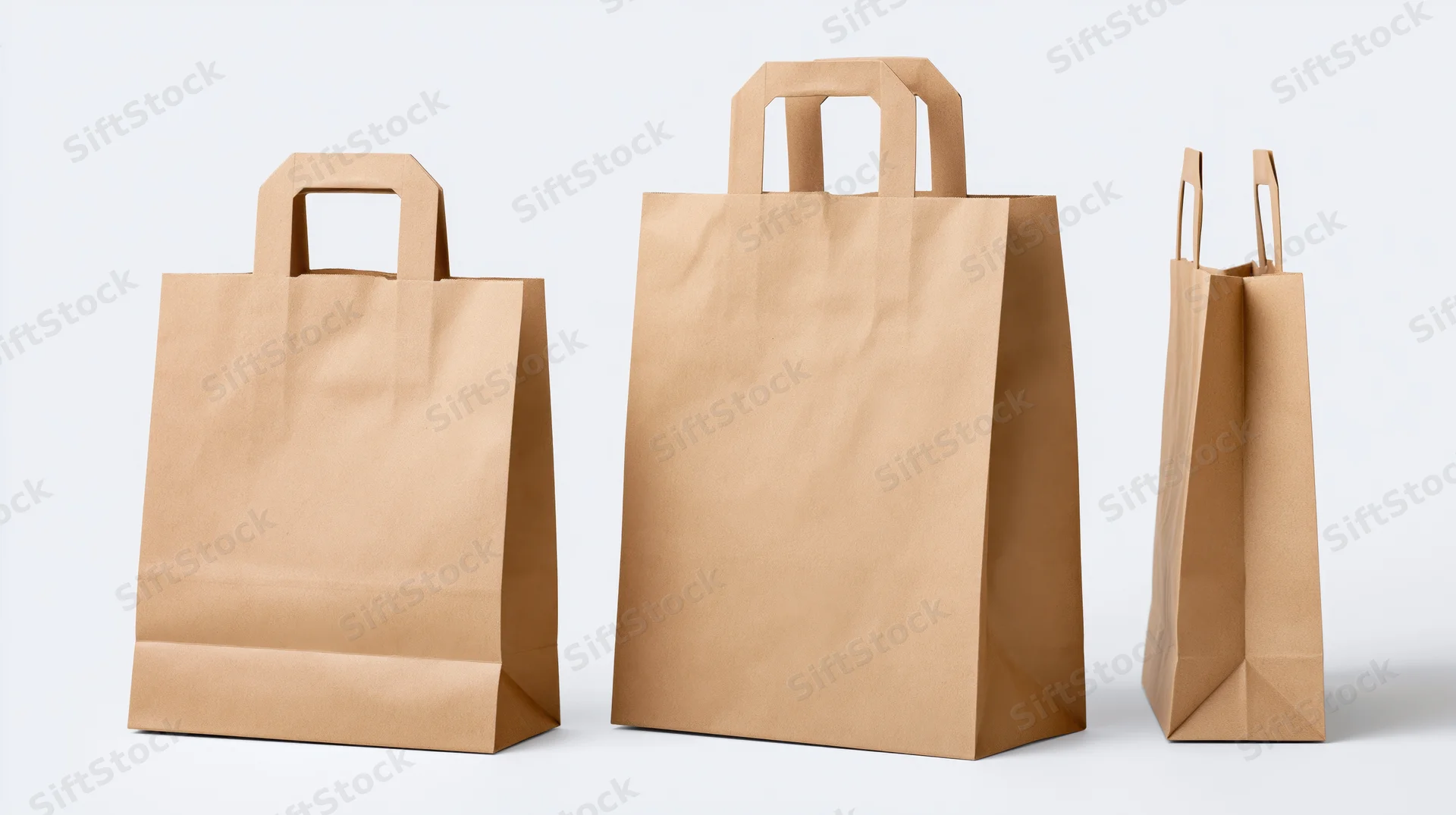 Three kraft paper shopping bags arranged in a row on a white background