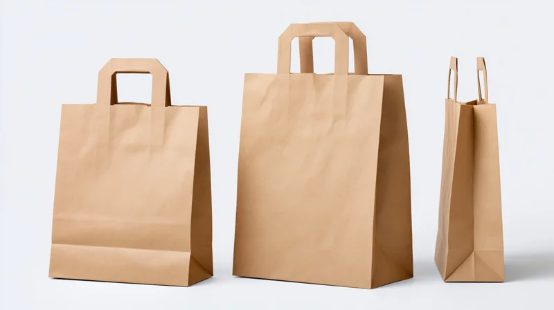 Three kraft paper shopping bags arranged in a row on a white background