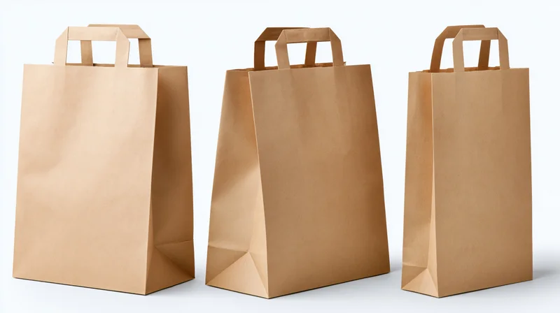 Three kraft paper shopping bags arranged side by side on a white background