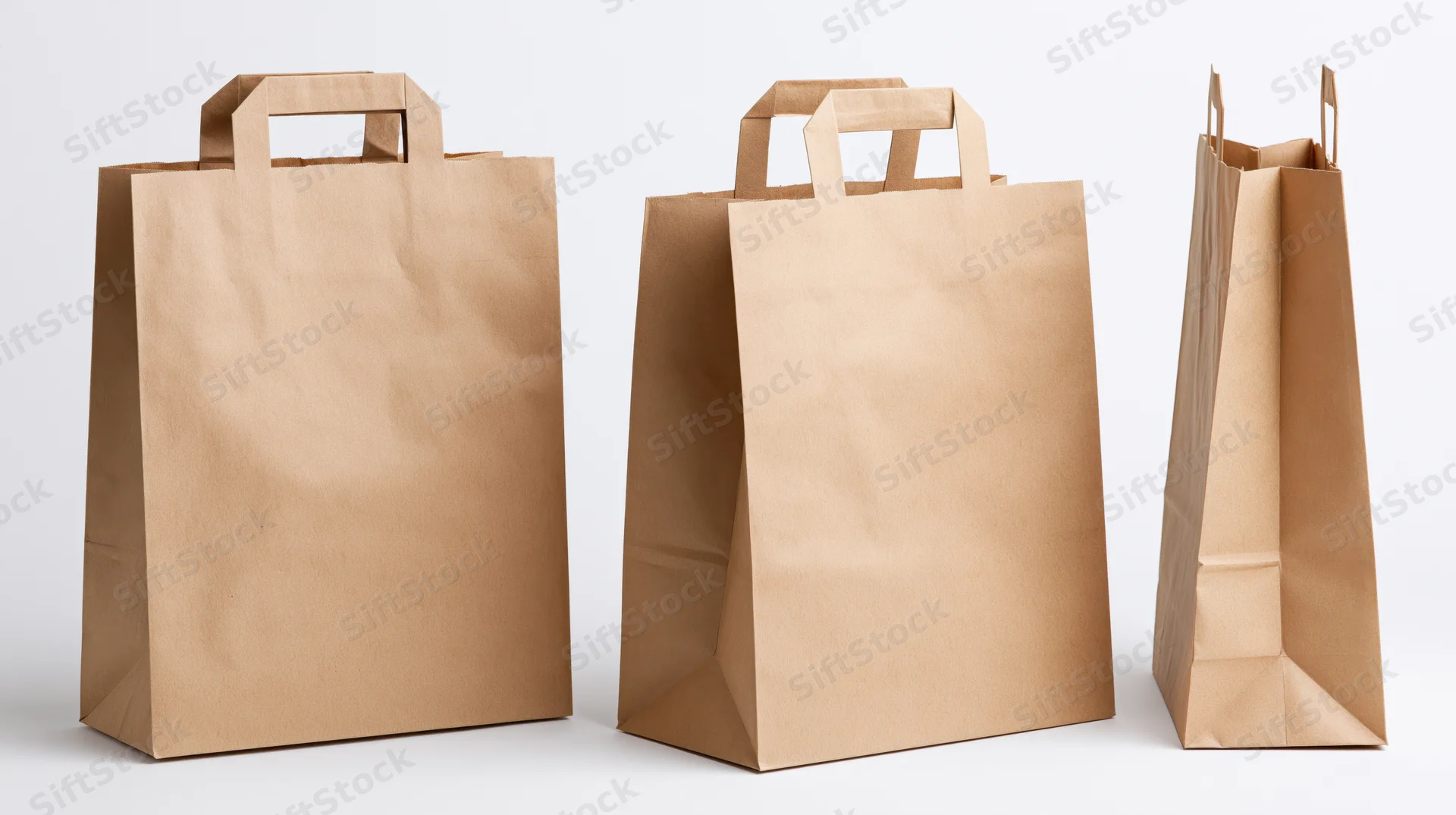 Three kraft paper shopping bags shown from different angles on white background