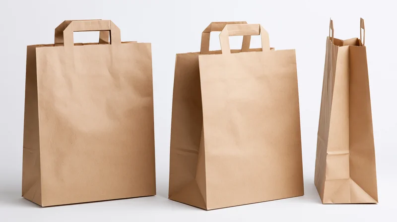 Three kraft paper shopping bags shown from different angles on white background