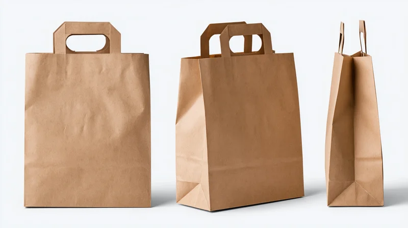 Three kraft paper shopping bags shown from front, side and back angles on white background
