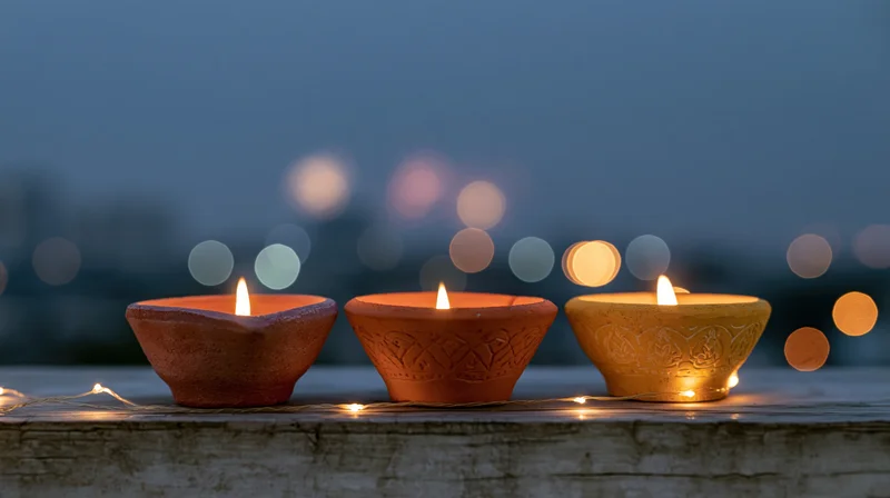 Three lit clay diya oil lamps arranged in a row on a wooden ledge at twilight with blurred city lights in the background
