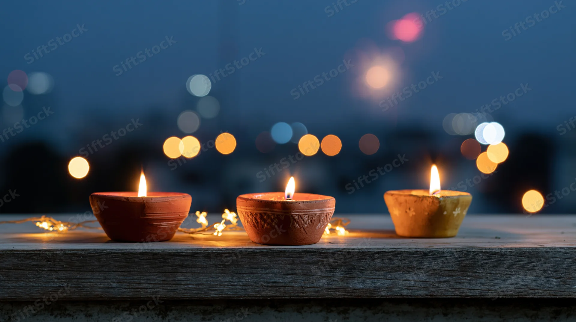 Three lit clay diya oil lamps on a wooden ledge with city lights blurred in the background at twilight