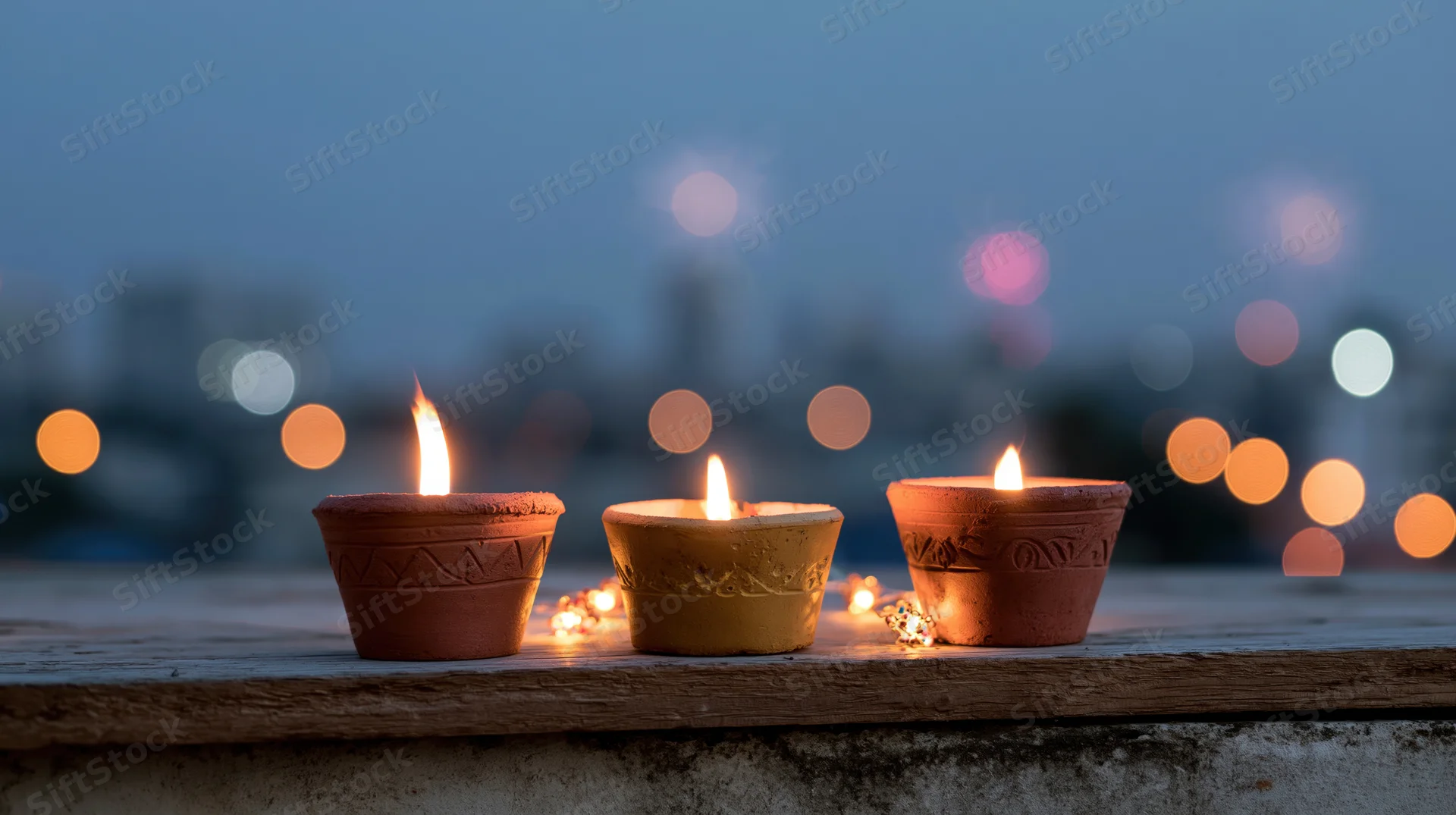 Three lit clay diya oil lamps on a wooden ledge with city lights blurred in the background at twilight