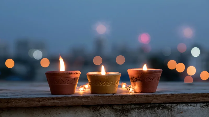 Three lit clay diya oil lamps on a wooden ledge with city lights blurred in the background at twilight