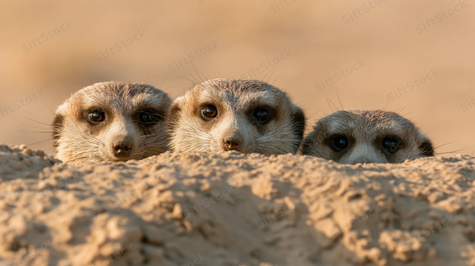 Three meerkats peering over a sandy burrow mound with heads level in a desert environment
