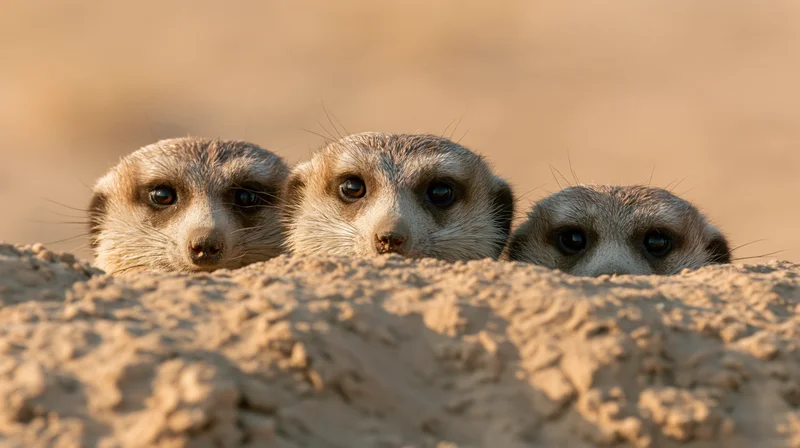 Three meerkats peering over a sandy burrow mound with heads level in a desert environment