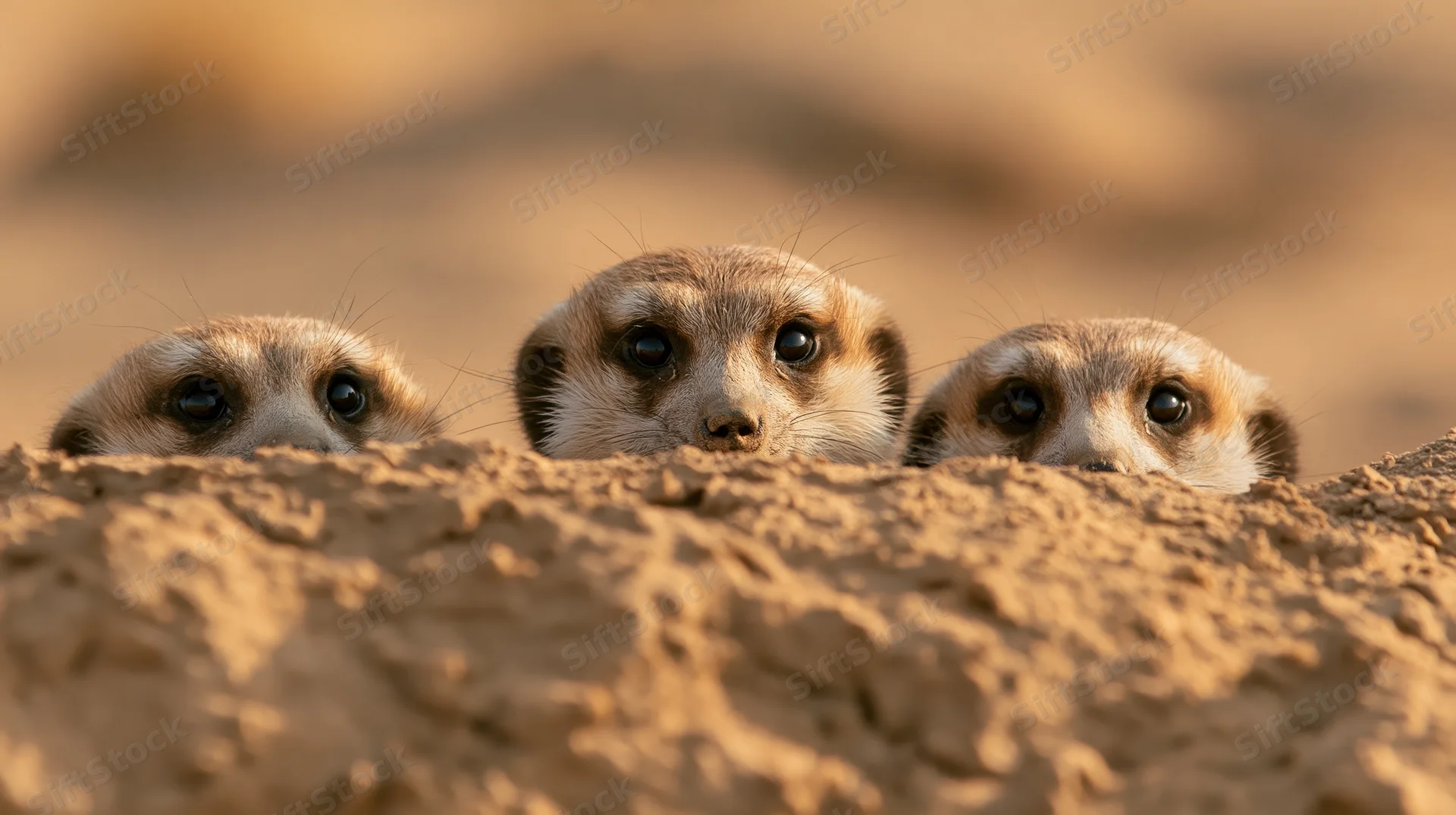 Three meerkats peeking over a sandy burrow mound heads level