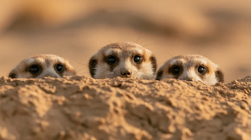 Three meerkats peeking over a sandy burrow mound heads level