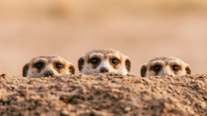 Three meerkats peering over a sandy burrow mound heads level