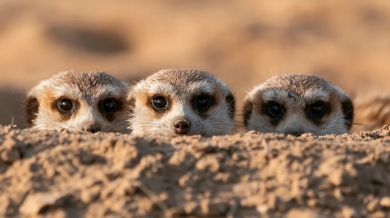 Three meerkats peering over a sandy burrow mound heads level