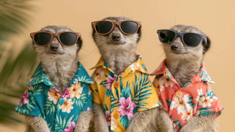 Three meerkats standing upright wearing sunglasses and floral shirts against a warm beige background with palm foliage