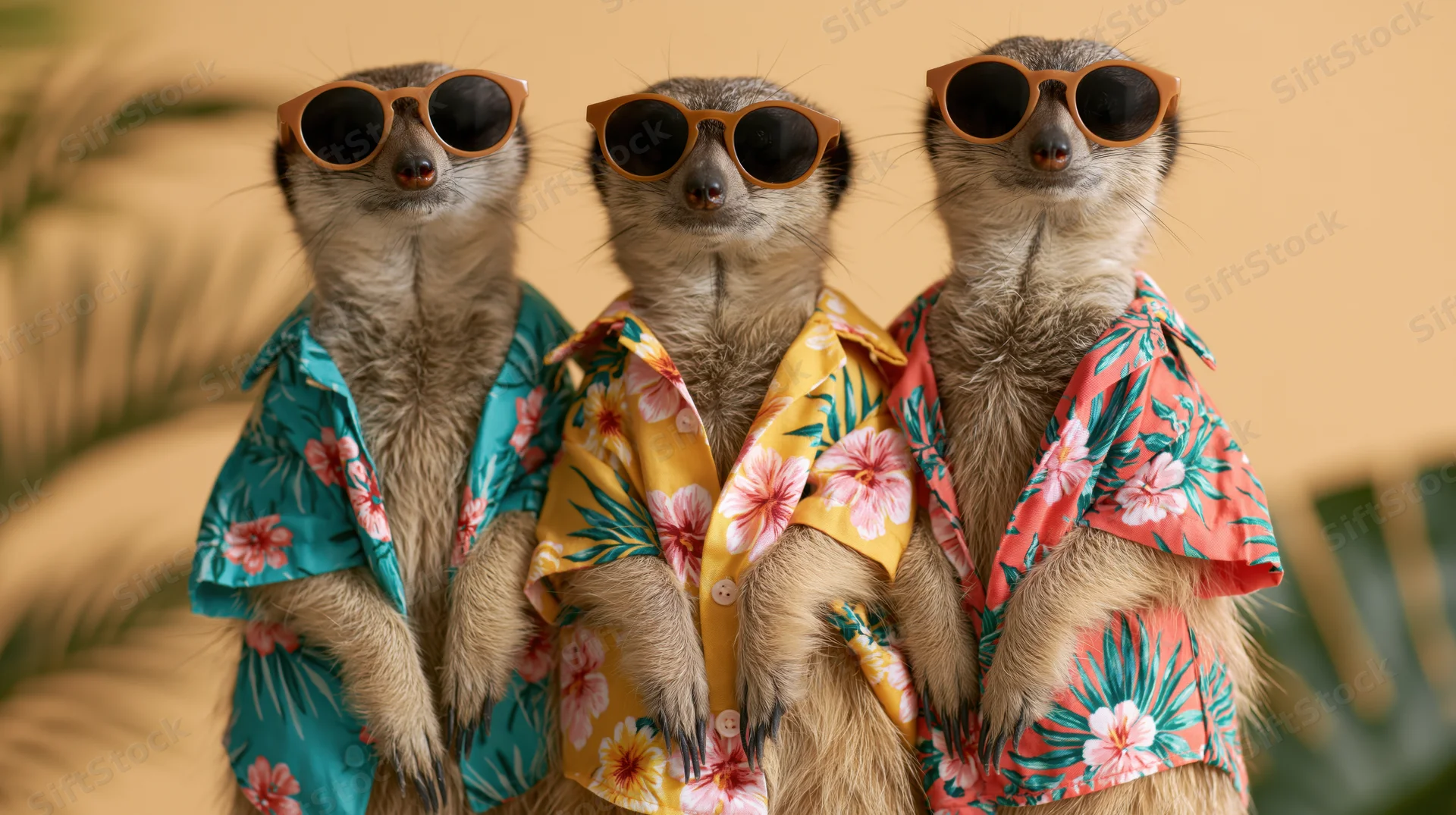 Three meerkats standing upright wearing sunglasses and floral shirts against a warm background with palm foliage