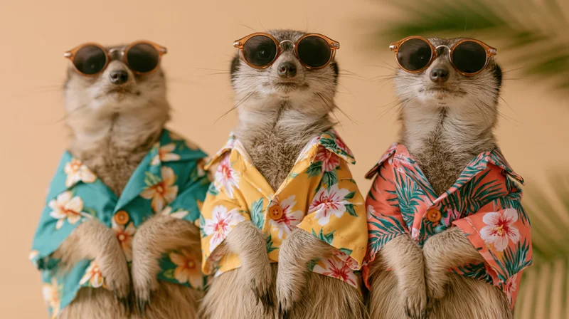 Three meerkats standing upright wearing sunglasses and floral shirts against a warm-toned background with palm leaves