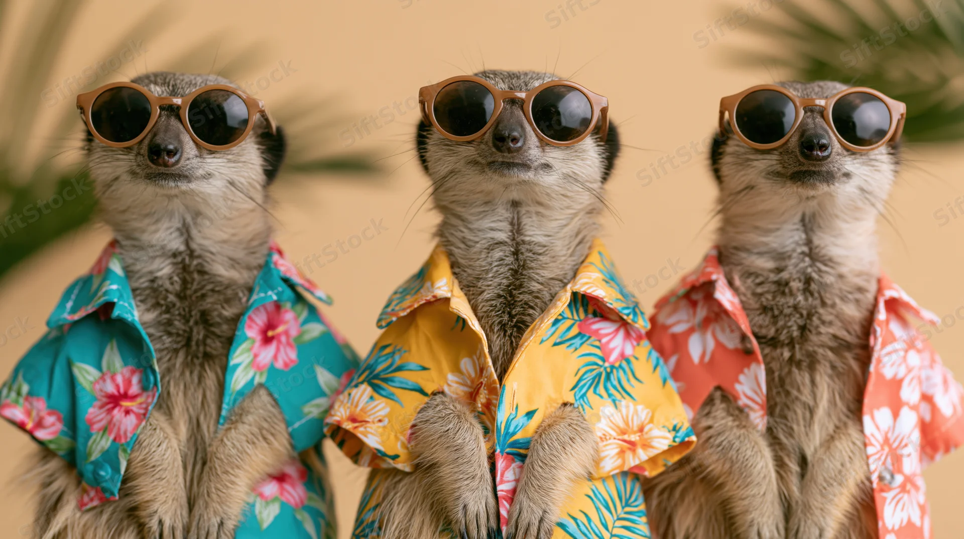 Three meerkats standing upright wearing sunglasses and floral shirts against a warm outdoor background with palm foliage
