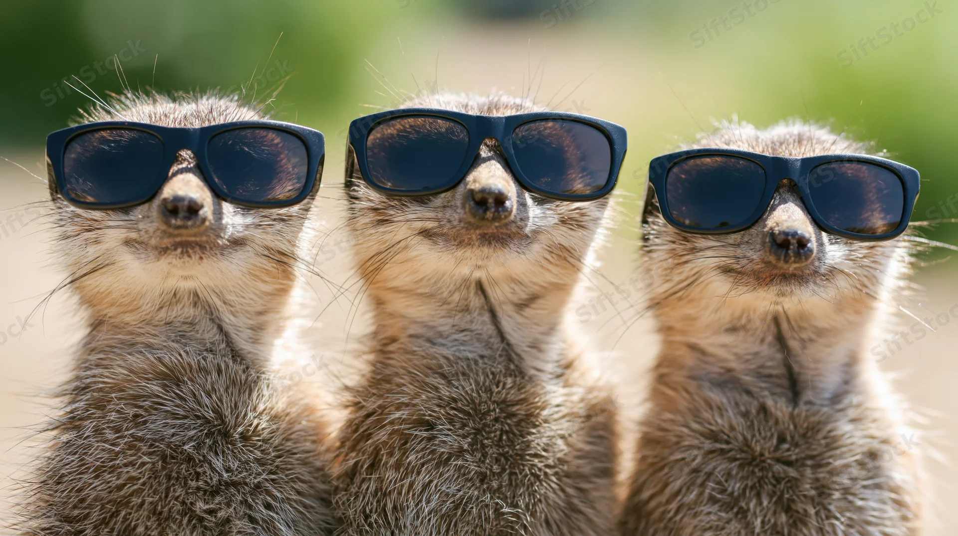 Three meerkats standing upright side by side wearing sunglasses outdoors