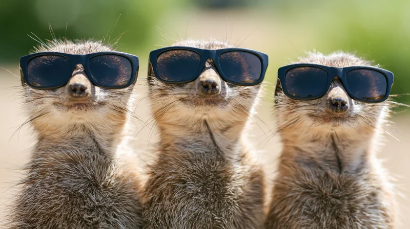Three meerkats standing upright side by side wearing sunglasses outdoors