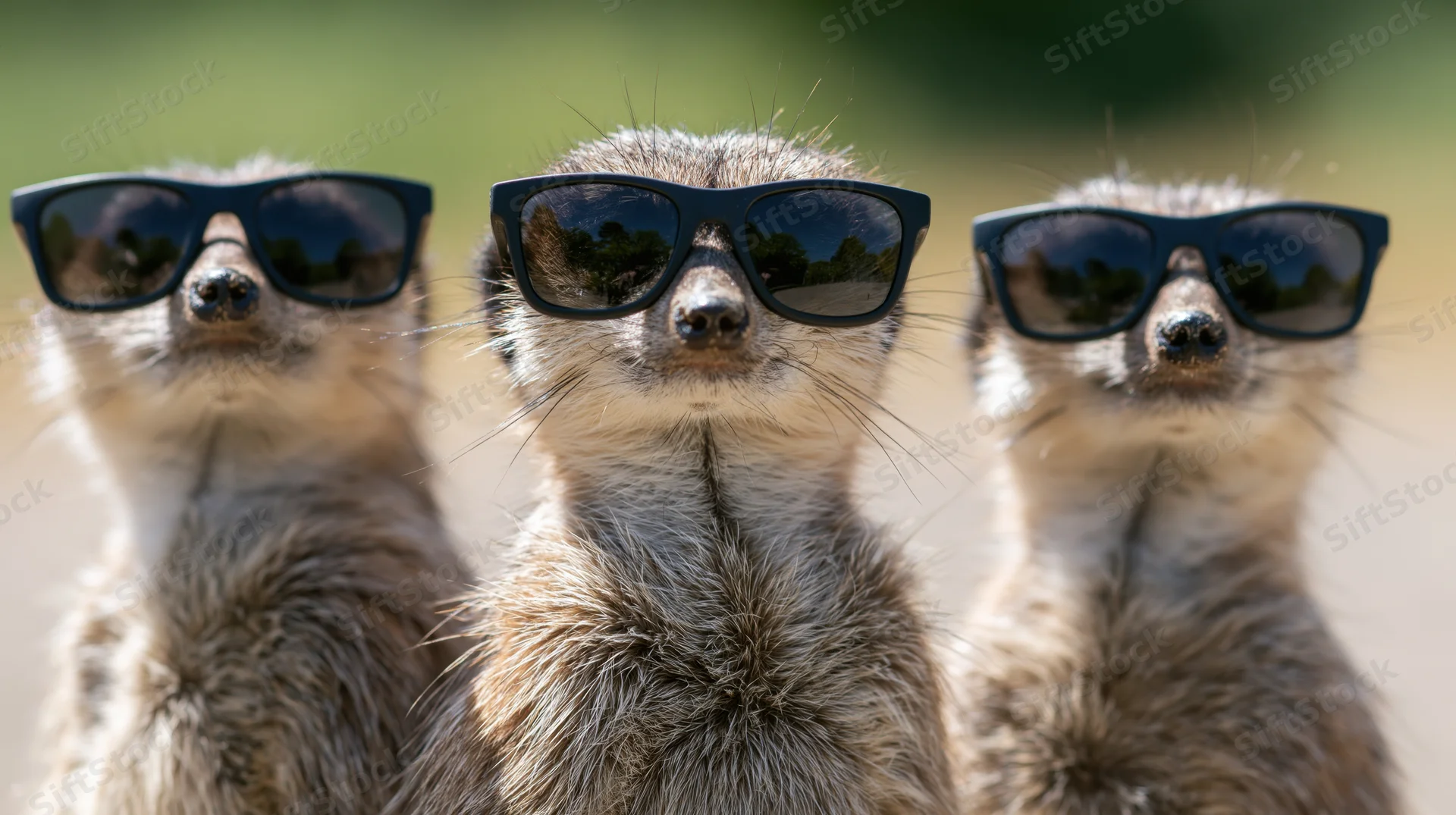 Three meerkats standing upright side by side wearing sunglasses outdoors in a grassy savanna setting