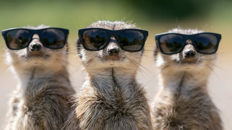 Three meerkats standing upright side by side wearing sunglasses outdoors in a grassy savanna setting
