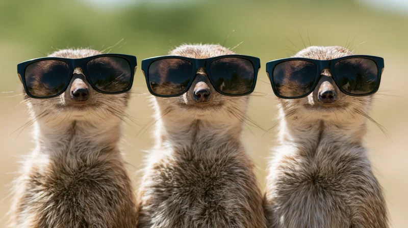 Three meerkats standing upright side by side wearing sunglasses in a desert landscape