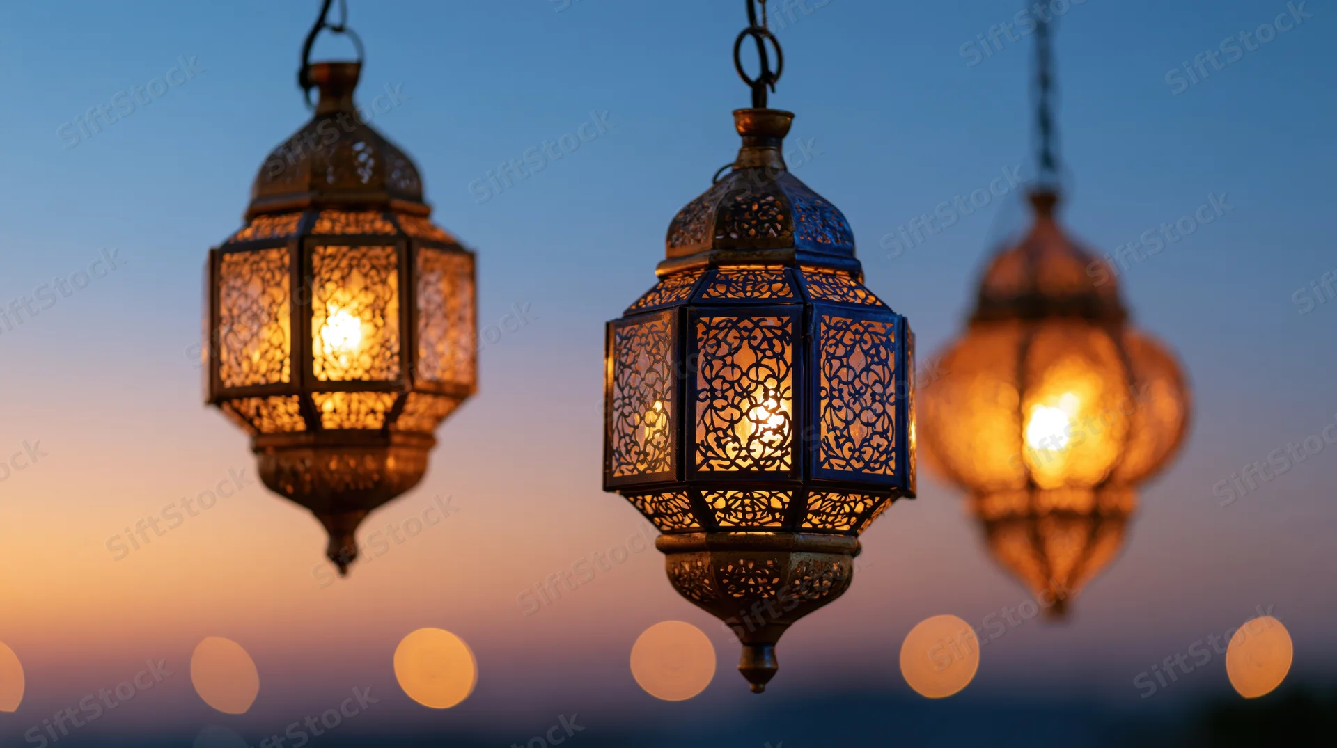 Three ornate arabic lanterns hanging and glowing warmly against a twilight sky with bokeh lights in the background