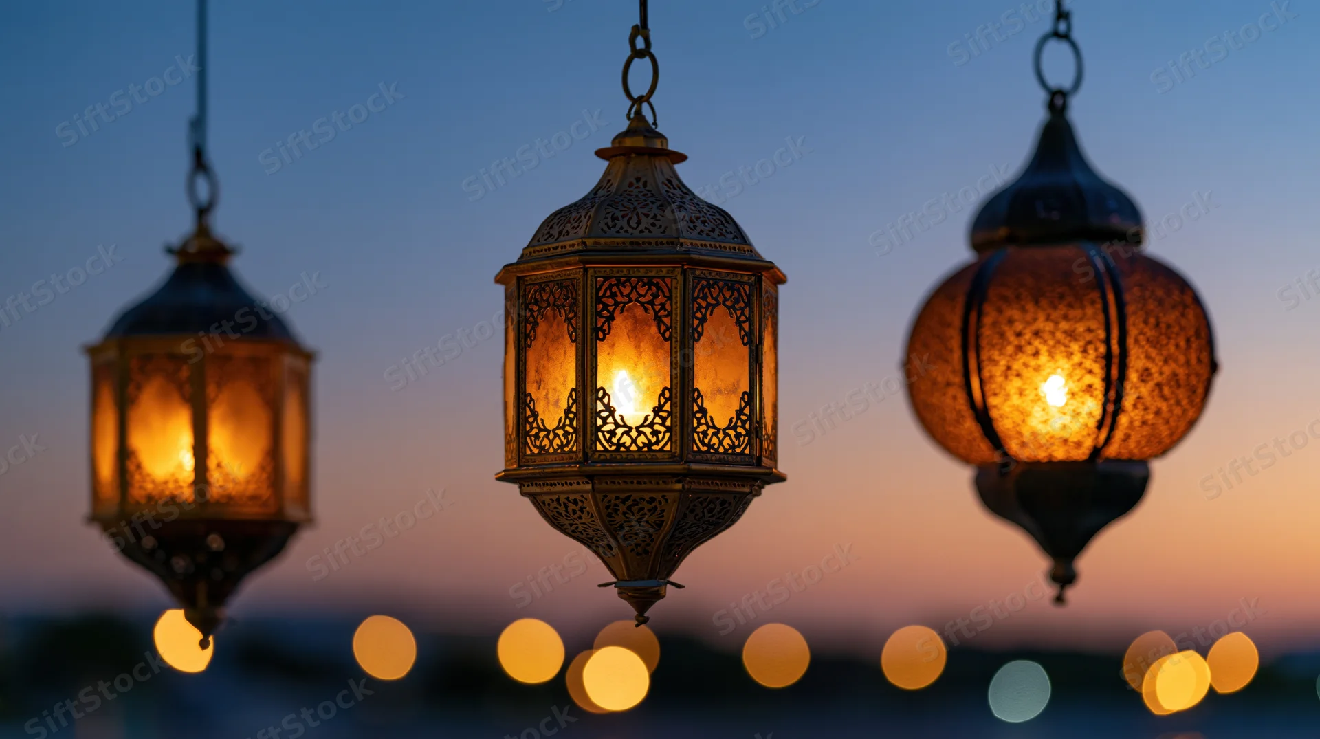 Three ornate arabic lanterns hanging and glowing warmly against a twilight sky with bokeh lights below