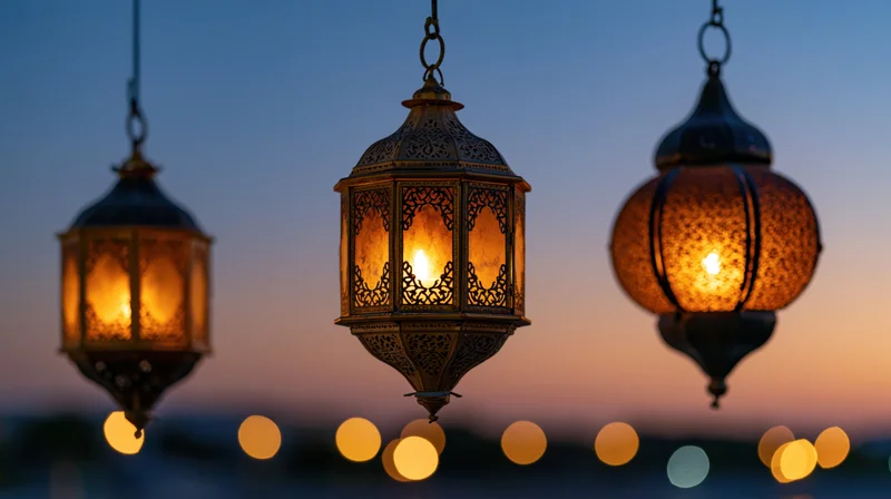 Three ornate arabic lanterns hanging and glowing warmly against a twilight sky with bokeh lights below
