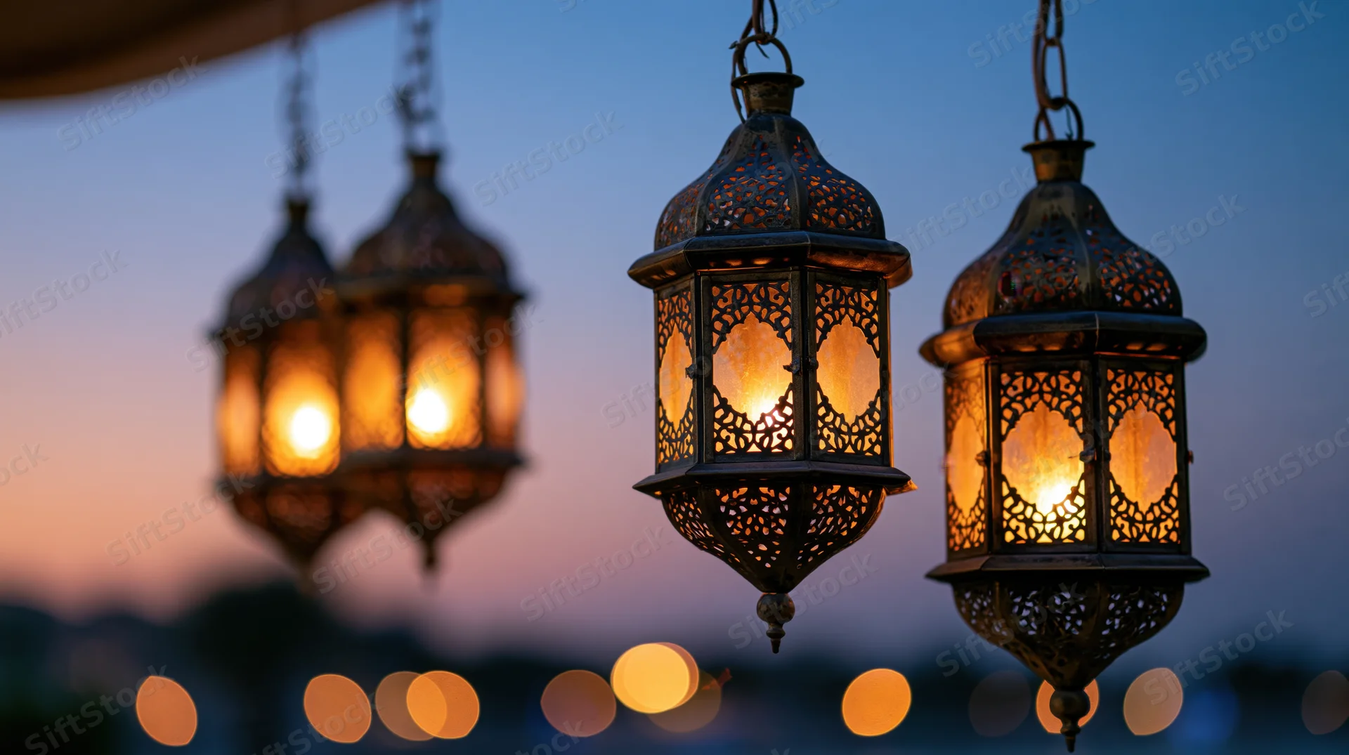 Ornate arabic lanterns glowing warmly while hanging against a twilight sky with bokeh lights below