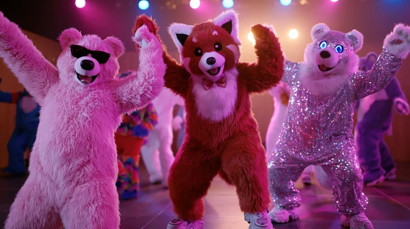 Three people in full-body animal mascot costumes dancing on stage under colorful lights