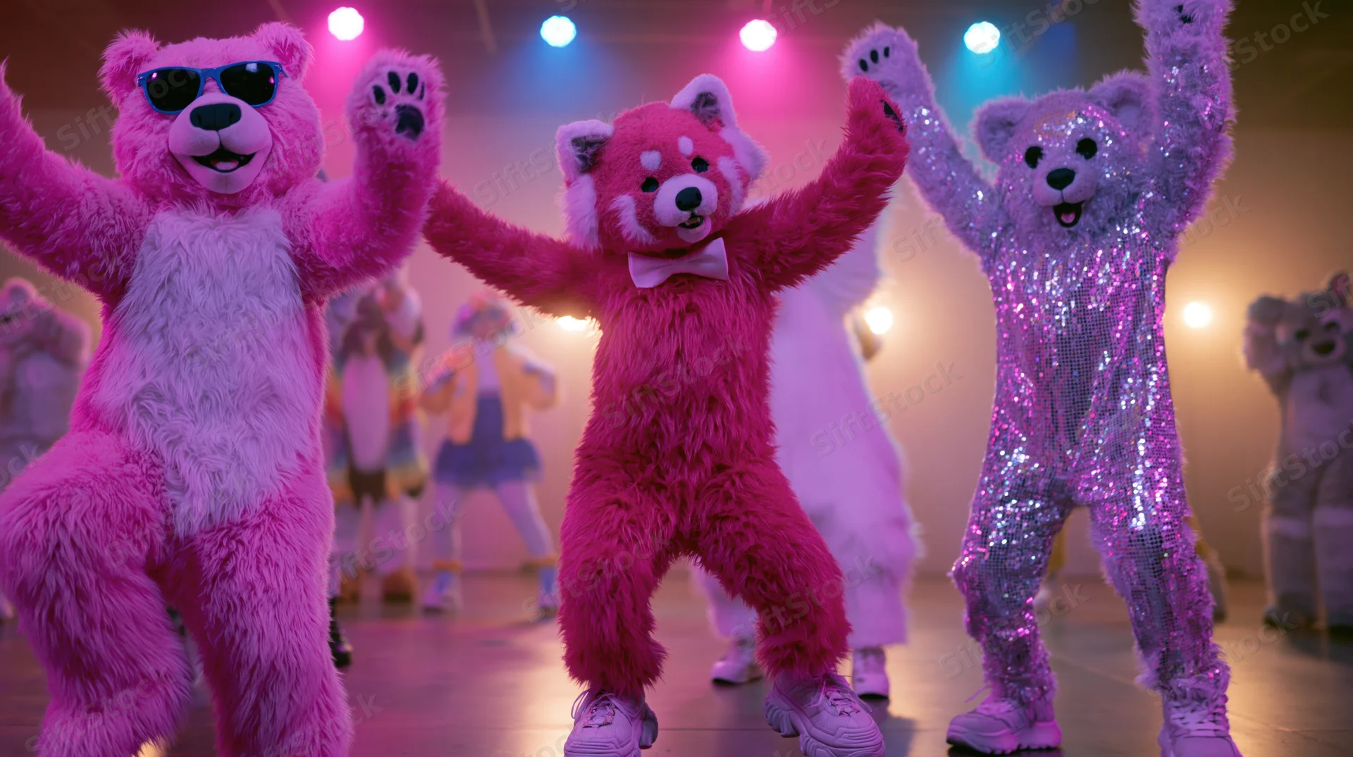 Three people in pink bear mascot costumes dancing on stage under colorful lights