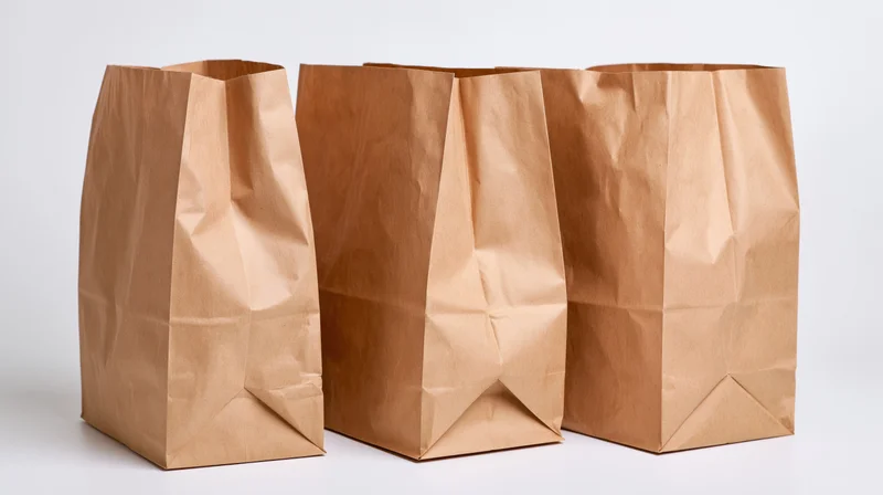 Three plain kraft paper grocery bags arranged side by side on white surface