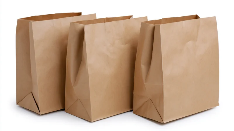 Three plain kraft paper grocery bags arranged side by side on white background