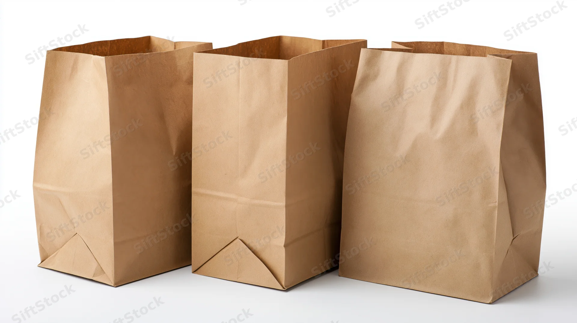 Three plain kraft paper grocery bags arranged side by side on white background