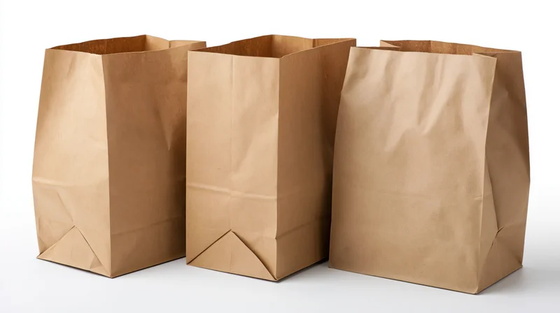Three plain kraft paper grocery bags arranged side by side on white background