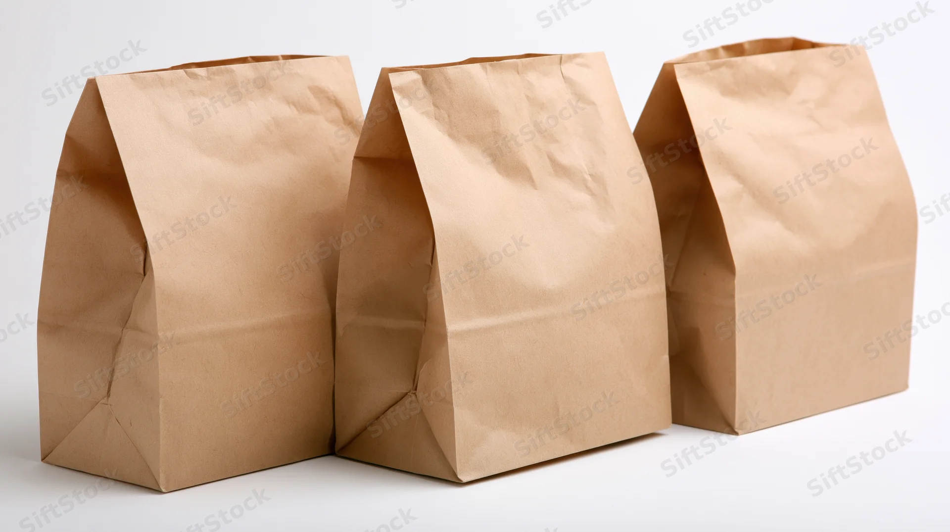 Three plain kraft paper grocery bags arranged side by side on white background