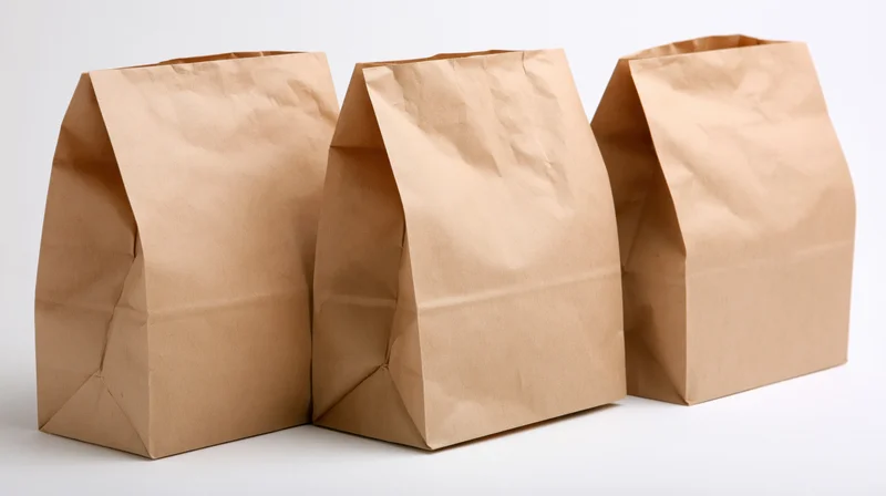 Three plain kraft paper grocery bags arranged side by side