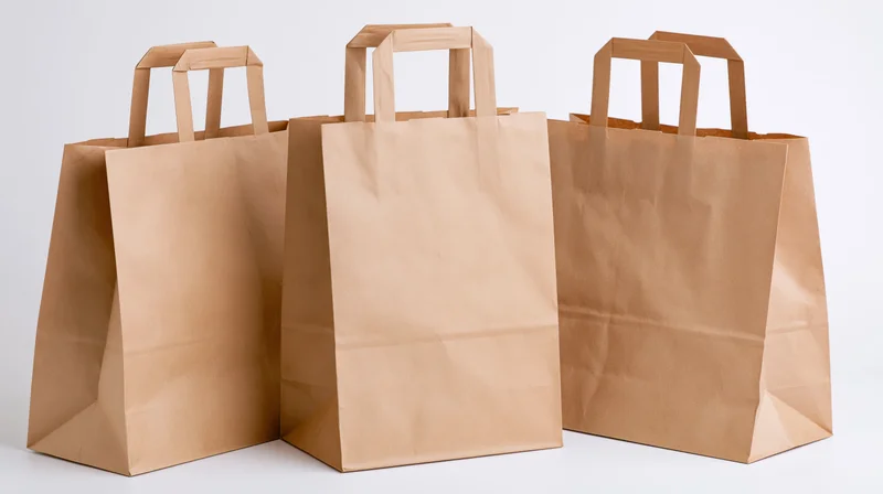 Three plain kraft paper shopping bags with flat folded handles on white background