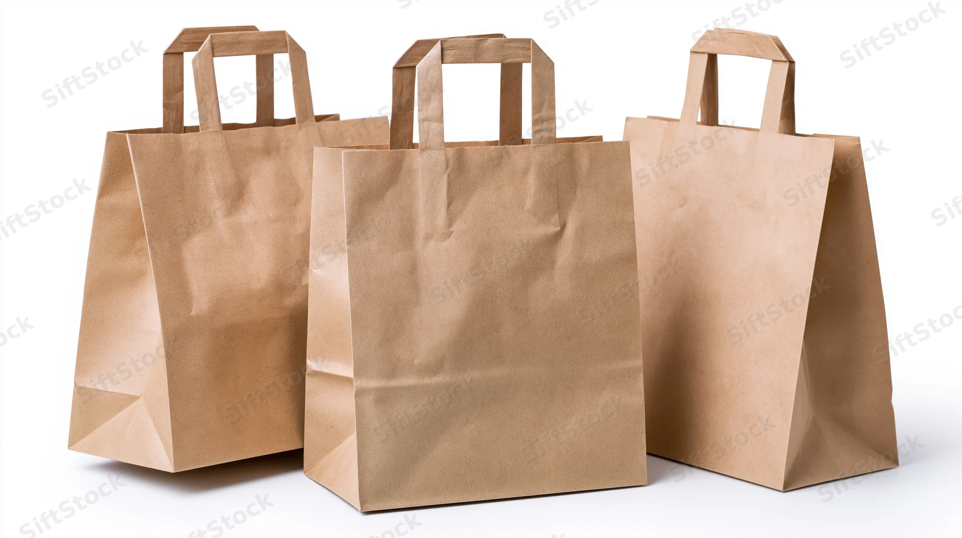 Three plain kraft paper shopping bags with flat folded handles on white background