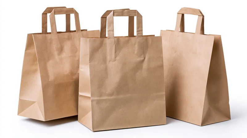 Three plain kraft paper shopping bags with flat folded handles on white background