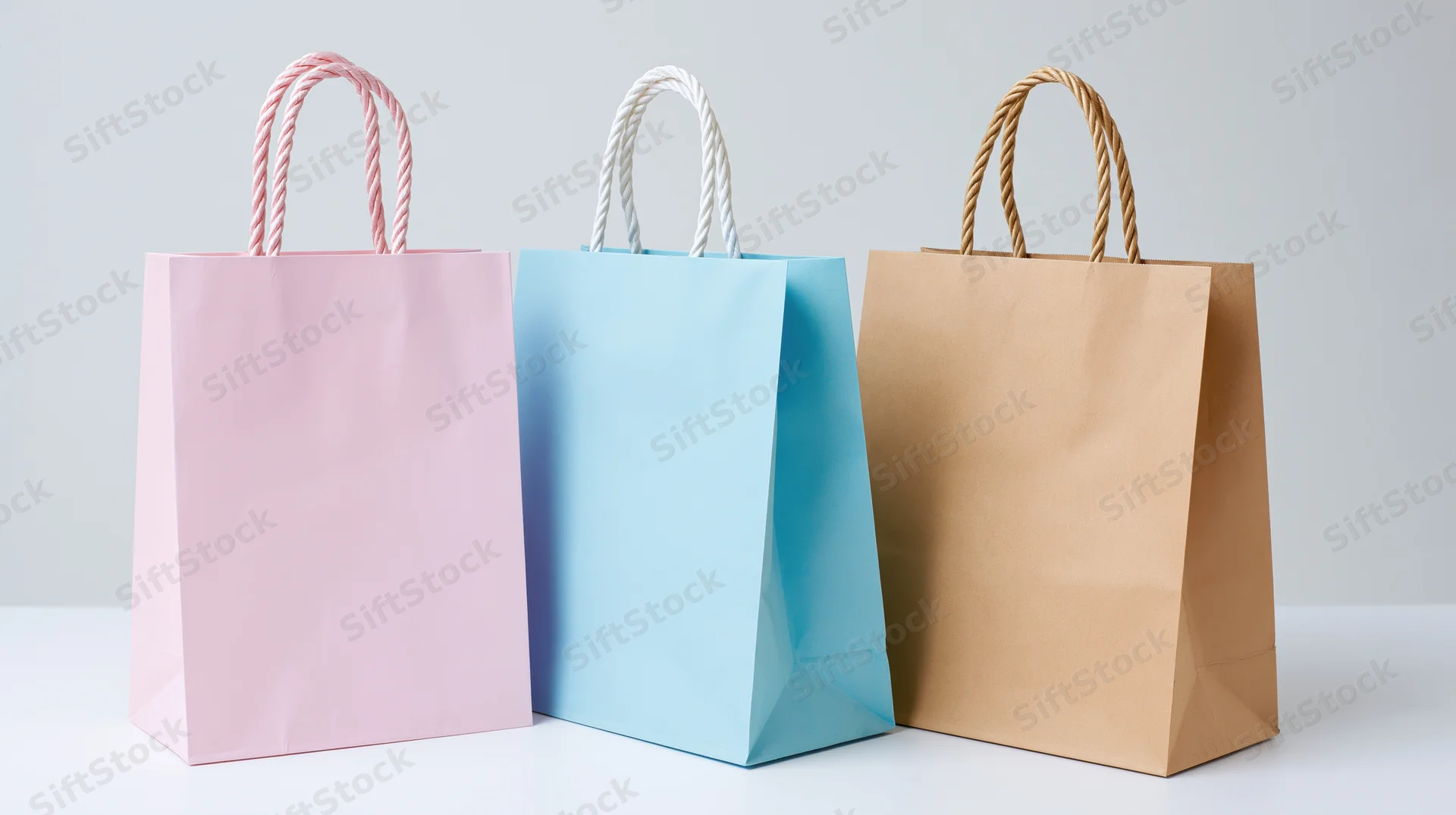 Three plain paper shopping bags arranged side by side on a white surface