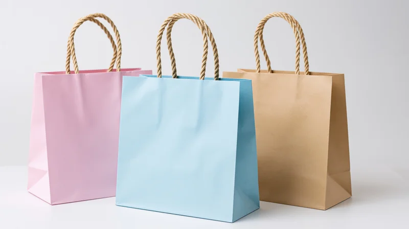 Three plain paper shopping bags in pink, blue and brown with twine handles arranged side by side on white surface