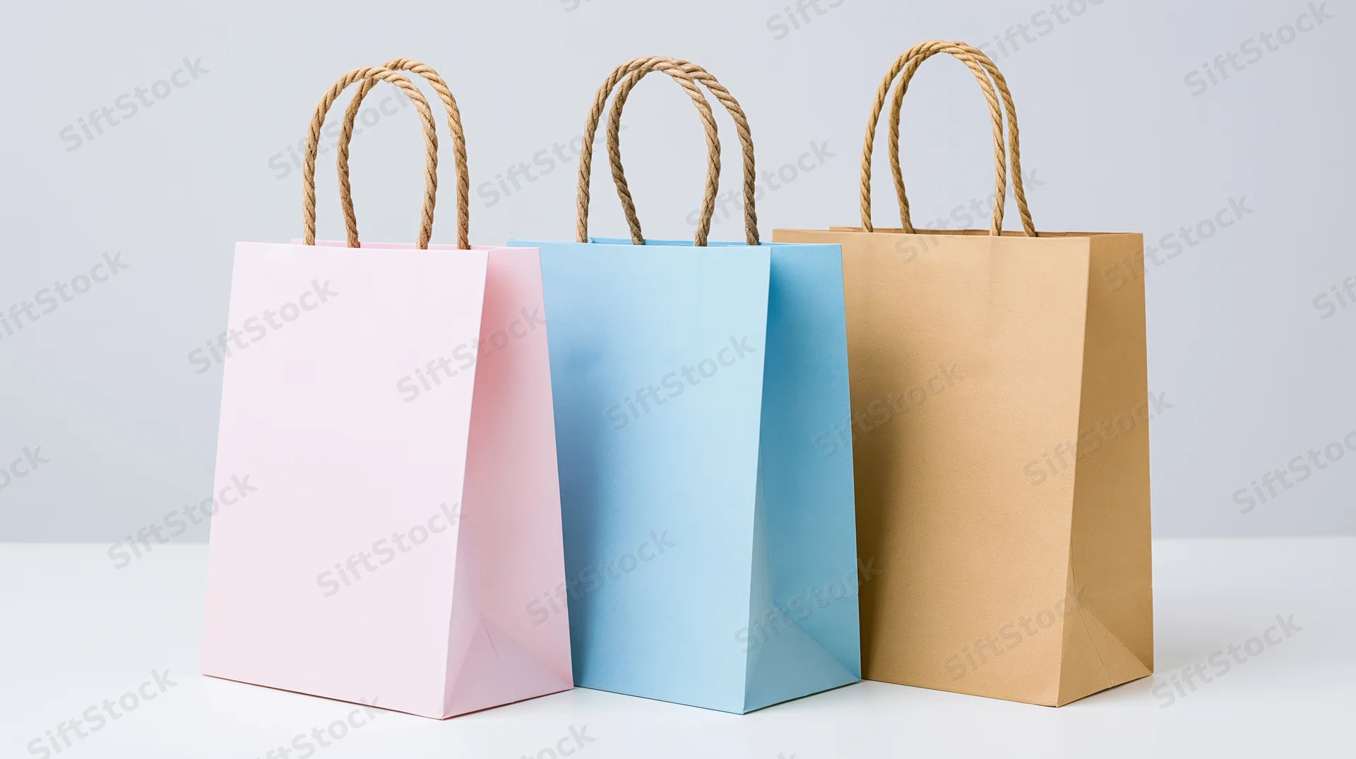Three plain paper shopping bags arranged side by side on a white surface