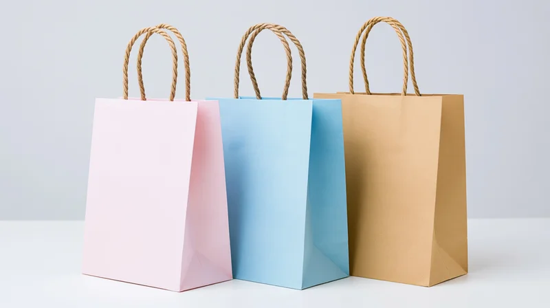 Three plain paper shopping bags arranged side by side on a white surface